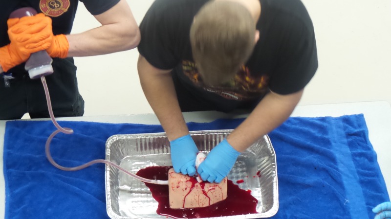 Stop the Bleed Training - Students using gauze with fake blood being pushed through to simulate the process.